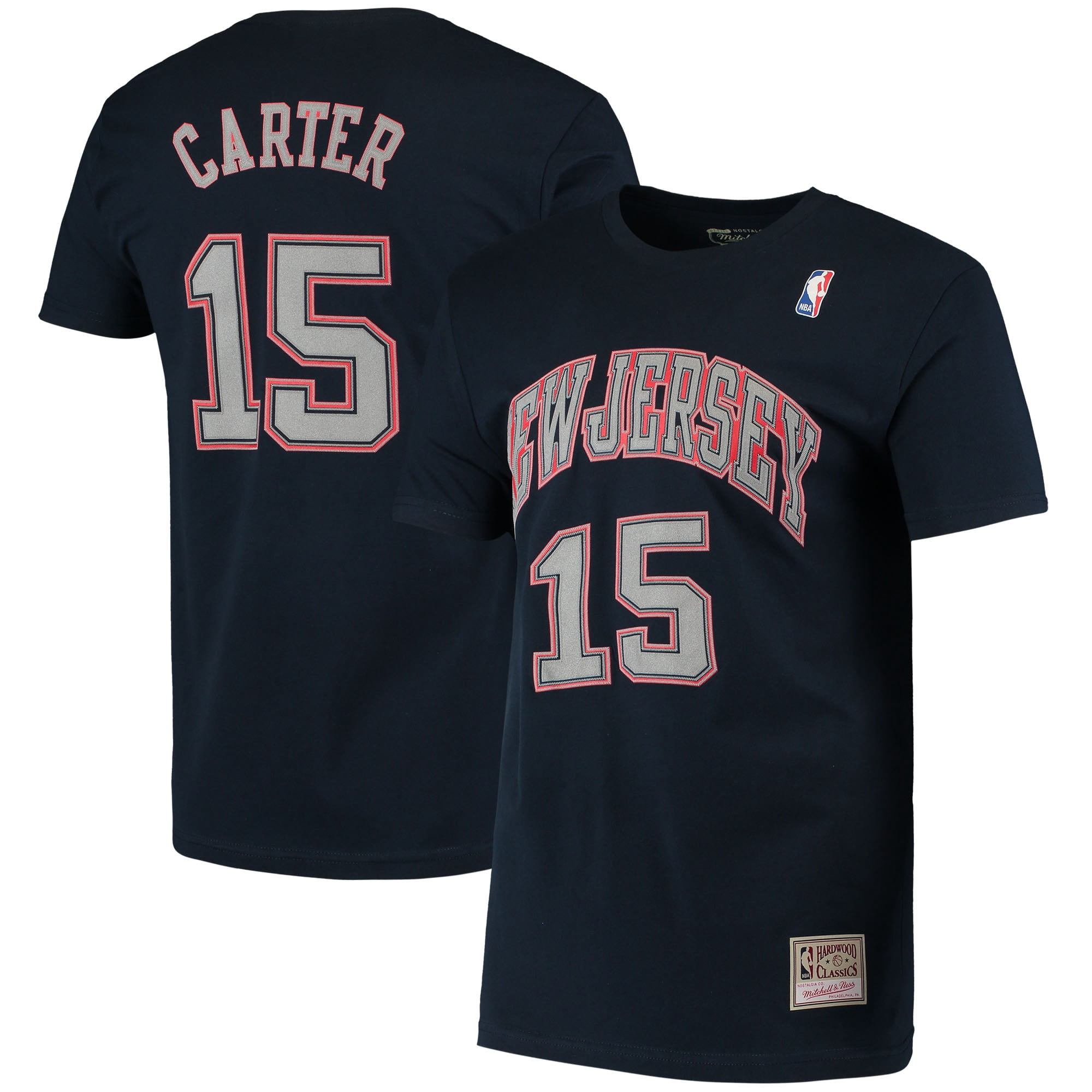 Men's Mitchell & Ness Vince Carter Navy New Jersey Nets Hardwood Classics Stitch Name & Number T-Shirt