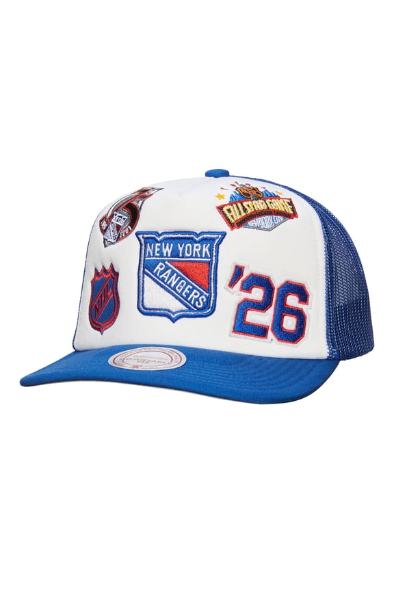 Men's Mitchell & Ness White/Blue New York Rangers Gridlock Trucker Adjustable Hat
