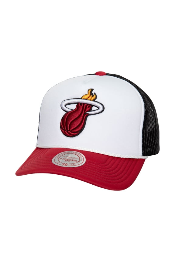 Men's Mitchell & Ness White Miami Heat Hardwood Classics Blocker Foam Front Trucker Adjustable Hat