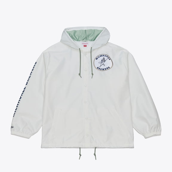 Men's Mitchell & Ness White Milwaukee Brewers Yacht Rock Coaches Full-Snap Hooded Windbreaker Jacket