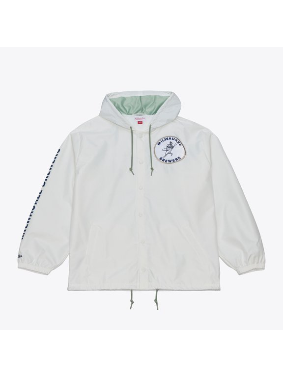 Men's Mitchell & Ness White Milwaukee Brewers Yacht Rock Coaches Full-Snap Hooded Windbreaker Jacket