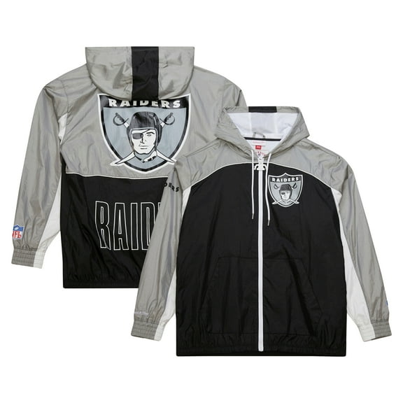 Men's Mitchell & Ness Black/Silver Oakland Raiders Big Shot Premium Full-Zip Windbreaker