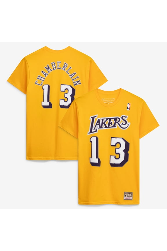 Men's Mitchell & Ness Wilt Chamberlain Gold Los Angeles Lakers Hardwood Classics Stitch Name & Number T-Shirt