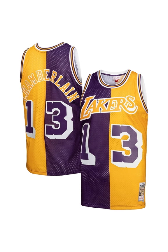 Men's Mitchell & Ness Wilt Chamberlain Purple/Gold Los Angeles Lakers Hardwood Classics 1971/72 Split Swingman Jersey