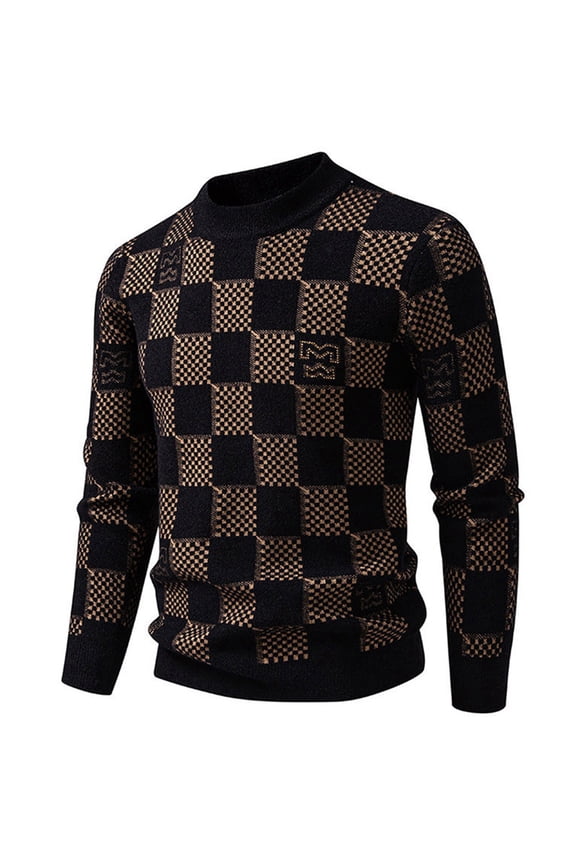 Men's Mock Neck Checkered Knit Sweater Long Sleeve Pullover Casual Winter Top