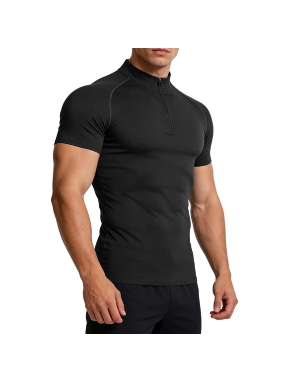 Men's Mock Neck Compression T-Shirt Short Sleeve Workout Gym Tops Quick Dry Summer Athletic Pullover Undershirt Close Fit Mock Neck Workout Top