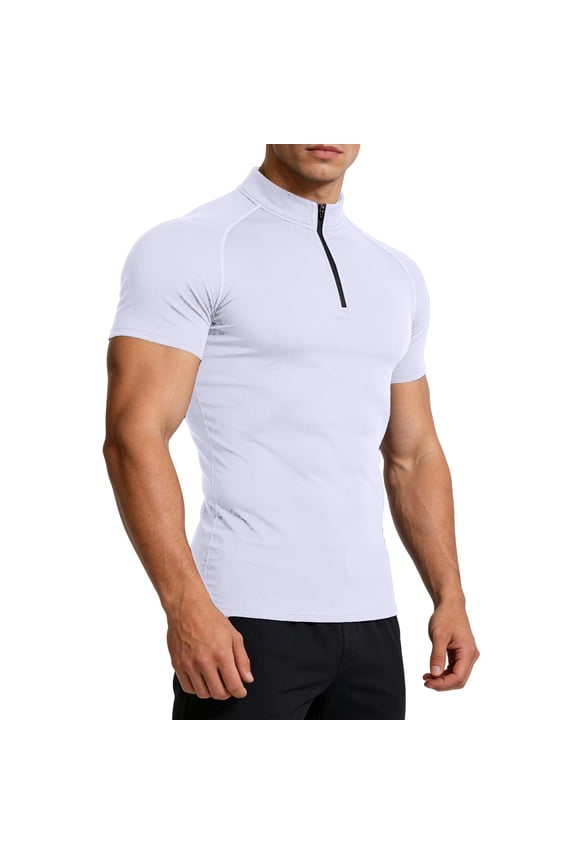 Men's Mock Neck Compression T-Shirt Short Sleeve Workout Gym Tops Quick Dry Summer Athletic Pullover Undershirt HIIT Running Compression Shirt