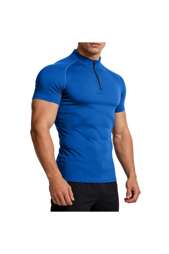 Men's Mock Neck Compression T-Shirt Short Sleeve Workout Gym Tops Quick Dry Summer Athletic Pullover Undershirt Performance Short Sleeve Base Layer