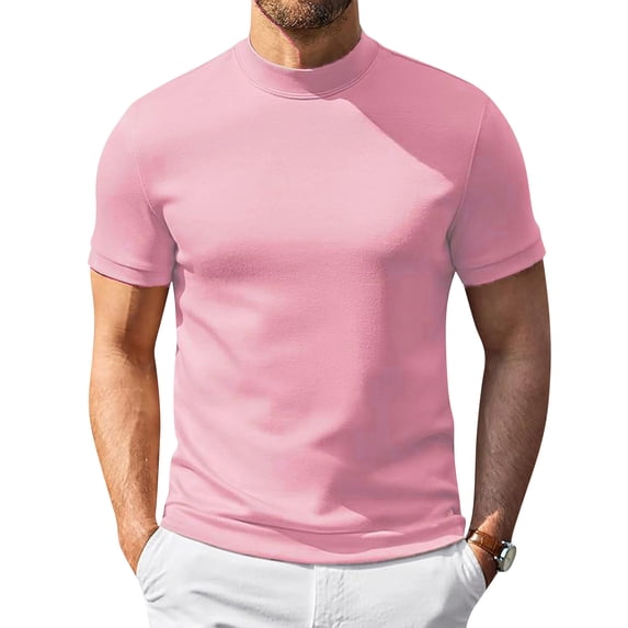 Men's Mock Neck Shirt Short Sleeve Slim Fit Basic Casual Solid Color Pullover Tee Light pink S