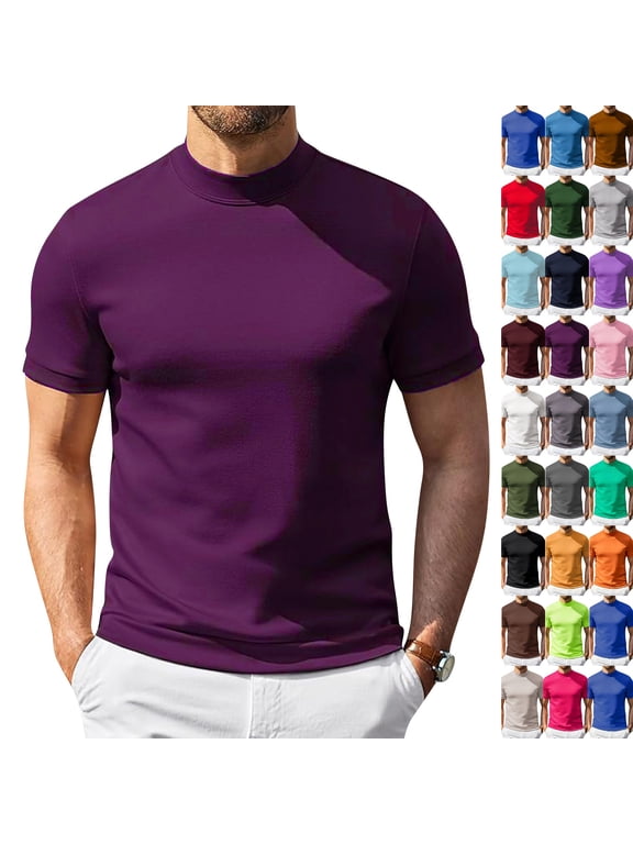 Men's Mock Neck Shirt Short Sleeve Turtleneck T-Shirt Slim Fit Pullover Casual Basic Tee,Deep Red L