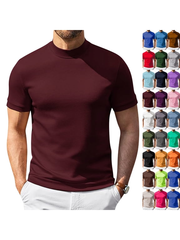 Men's Mock Neck Shirt Short Sleeve Turtleneck T-Shirt Slim Fit Pullover Casual Basic Tee,Wine M