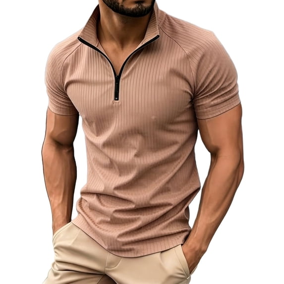 Men's Mock Neck Shirts Slim Fit Short Sleeve Muscle T Shirts Men Zipper Ribbed Golf Shirt Casual Stylish Khaki