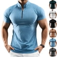 thumbnail image 1 of Men's Mock Neck Shirts Slim Fit Short Sleeve Muscle T Shirts Men Zipper Ribbed Golf Shirt Casual Stylish Sky Blue, 1 of 9