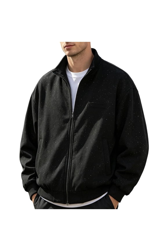 Men's Mock Neck Sparkly Speckled Track Jacket Zip Up Athletic Sweatshirt Ribbed Cuffs with Pockets for Running Training Workout Golf, Black, L