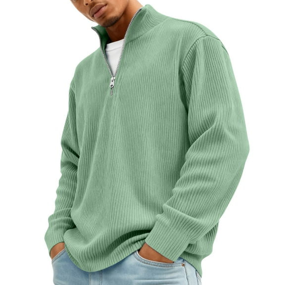 Men's Mock Neck Sweatshirt Corduroy Material Quarter Zip Pullover Long Sleeve Casual Top Green 5XL