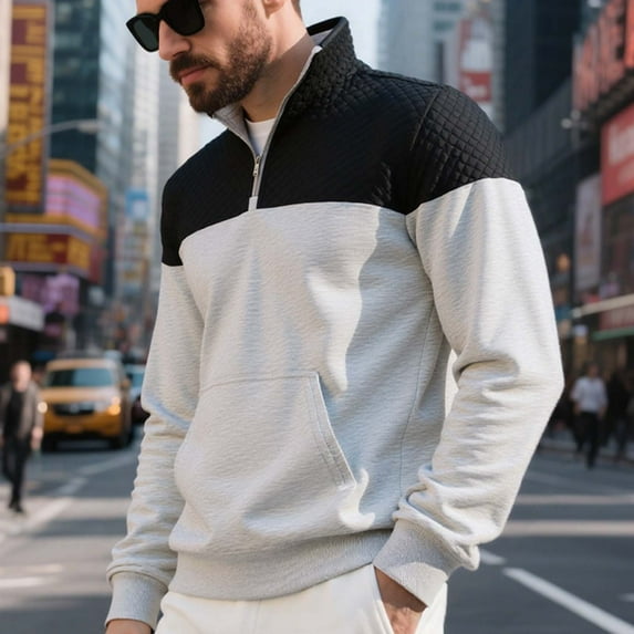 Men's Mock Neck Sweatshirts, Quarter Zip Quilted Sweater Color Block Long Sleeve Casual Pullover Work Sweatshirt Gray S