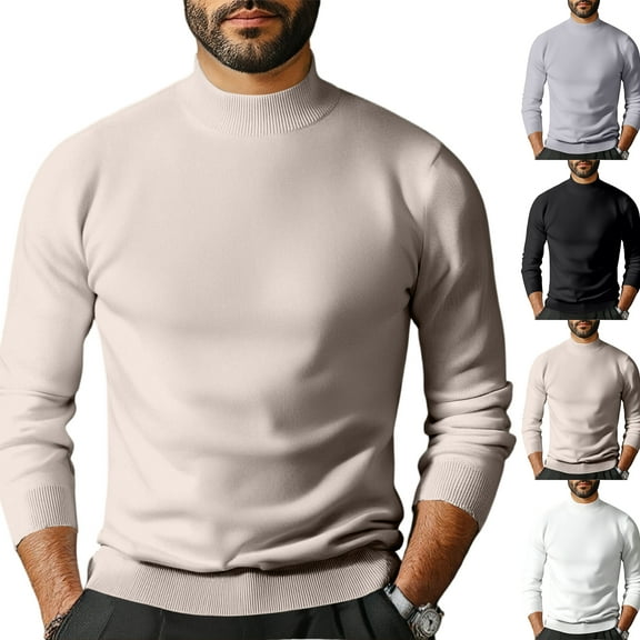 Men's Mock Turtleneck Fleece-Lined Solid Color Sweater, Slim Fit Pullover, Warm Knit Long Sleeve Top for Winter