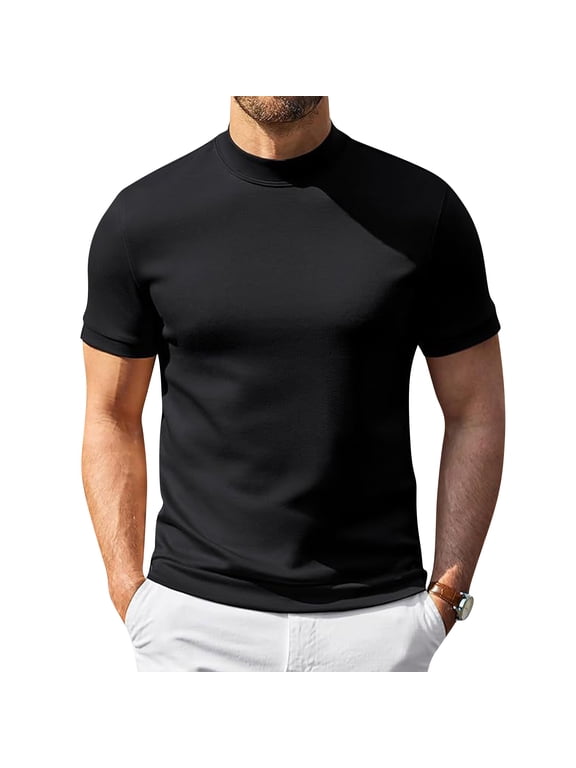 Men's Mock Turtleneck Shirts Short Sleeve Casual Basic T-Shirts Solid Basic Tee (Black,2XL)