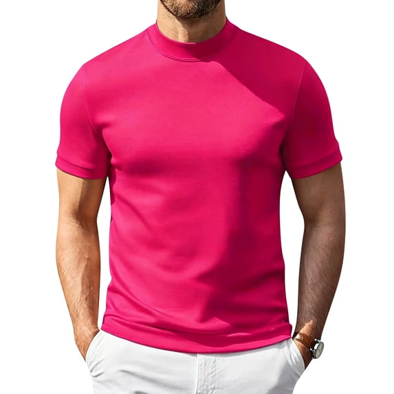 Men's Mock Turtleneck Shirts Short Sleeve Lightweight Soft Basic T-Shirts Solid Pullover Undershirt Tops (Hot Pink,M)