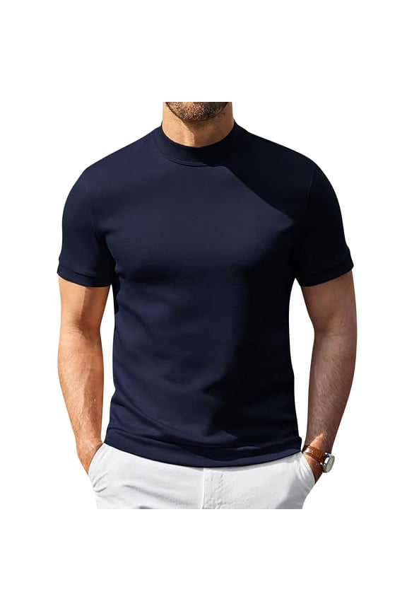 Men's Mock Turtleneck Short Sleeve Soft Lightweight Casual Basic T-Shirts Solid Pullover Tops Dark Blue M