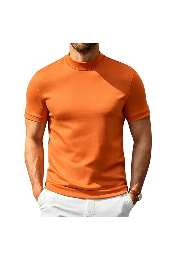 Men's Mock Turtleneck Short Sleeve Soft Lightweight Casual Basic T-Shirts Solid Pullover Tops Orange L