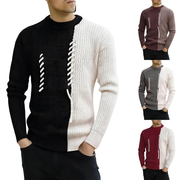 Men's Mock Turtleneck Sweater Color Block Ribbed Knit Thermal Pullover for Fall and Winter Casual Wear, Ideal for Christmas Parties,Red,M