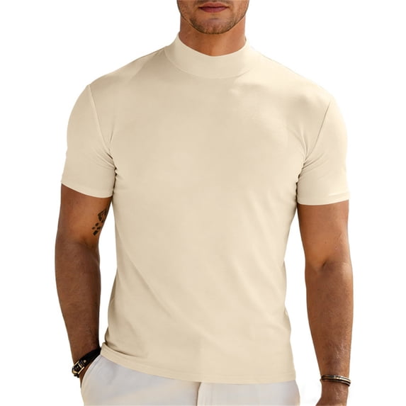 Men's Mock Turtleneck T Shirt Short Sleeve Solid Basic Tee Soft Casual Pullover Top Beige 3XL