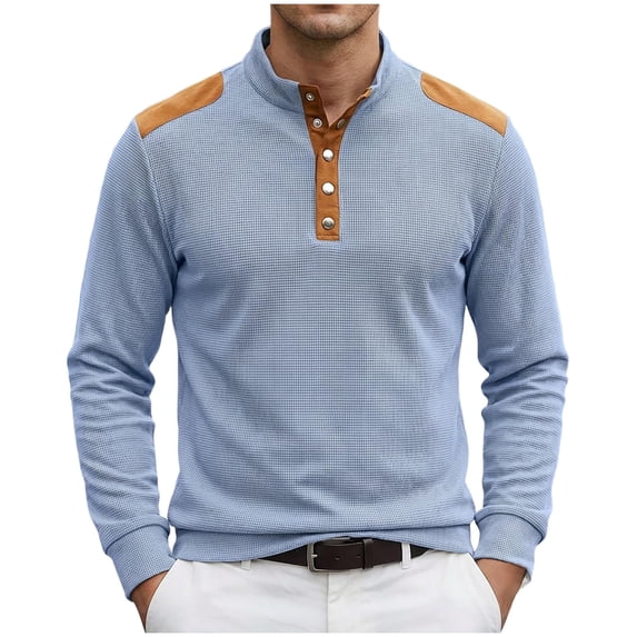 Men’s Mockneck Waffle Henley Shirts, Long Sleeve Snap Button Tops Casual Basic T-Shirts Lightweight Knit Pullover Size 3XL Light Blue