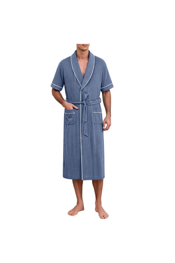 Men's Modal Bathrobe Short Sleeve Lightweight Kimono Robe with Contrast Piping and Pockets Summer Sleepwear