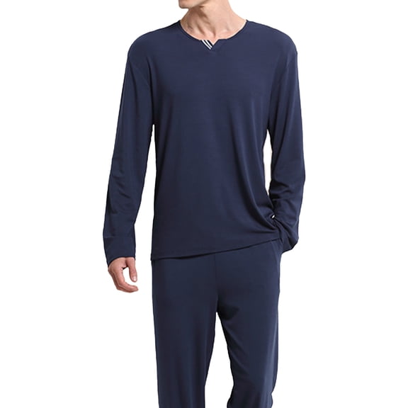 Men's Modal Fabric Lightweight Wearable Outside Pajama Set Homewear, Navy Blue, Size 3XL