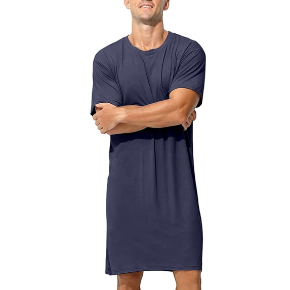Men's Modal Nightshirt Short Sleeve Crew Neck Loose Fit Sleep T-Shirt Lounge Wear with Side Slits