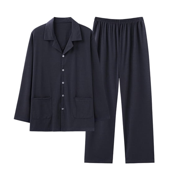 Men's Modal Pajama Set Long Sleeve Button Down Turndown Collar Shirts Matching Baggy Long Pants Loungewear
