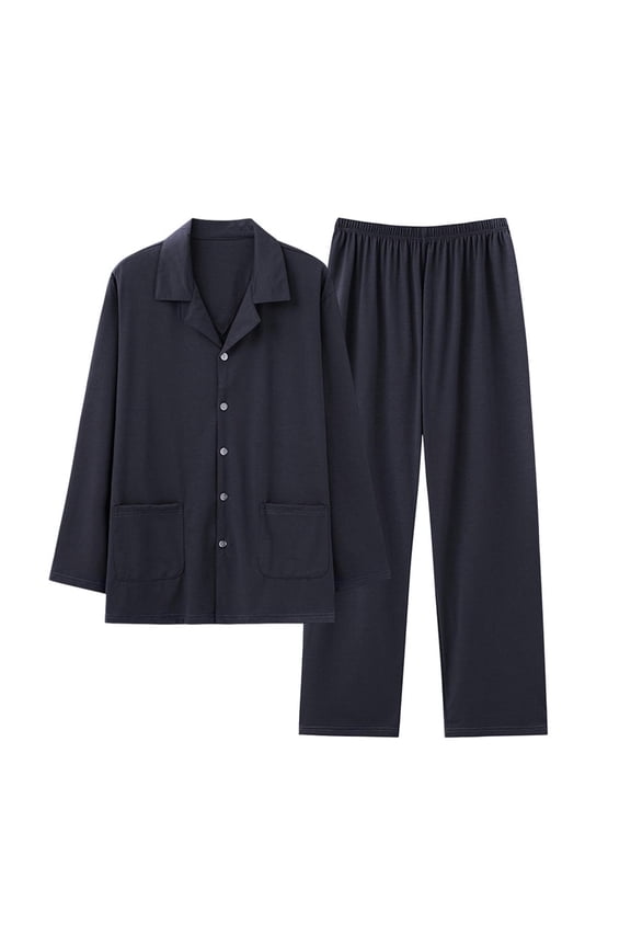 Men's Modal Pajama Set Long Sleeve Button Down Turndown Collar Shirts Matching Baggy Long Pants Loungewear