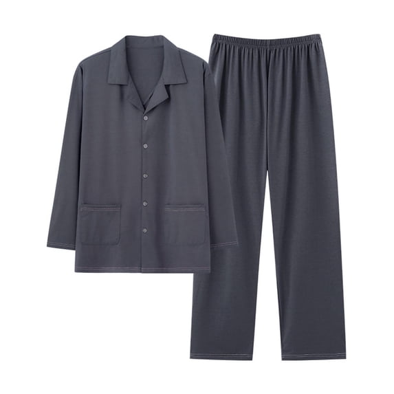Men's Modal Pajama Set Long Sleeve Button Down Turndown Collar Shirts Matching Baggy Long Pants Loungewear