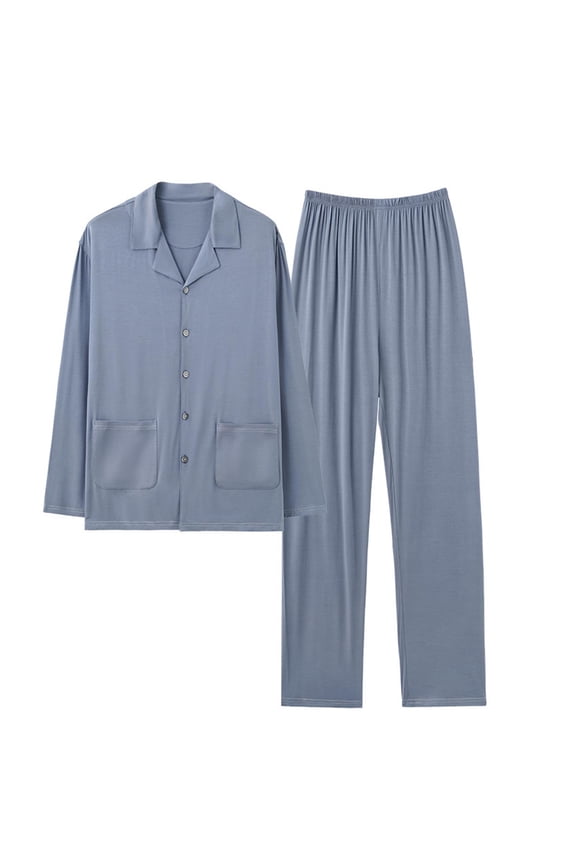 Men's Modal Pajama Set Long Sleeve Button Down Turndown Collar Shirts Matching Baggy Long Pants Loungewear
