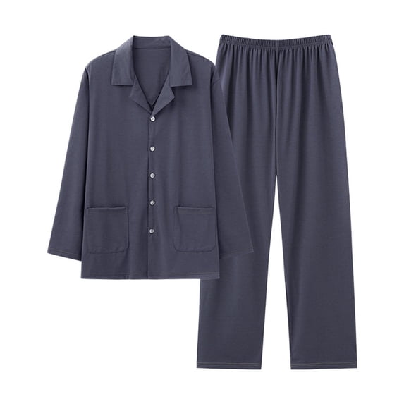 Men's Modal Pajama Set Long Sleeve Button Down Turndown Collar Shirts Matching Baggy Long Pants Loungewear