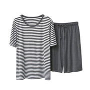 Mens Modal Pajama Set Striped Short Sleeve Crewneck T Shirt with Shorts Soft Breathable Loungewear 2 Piece Size L-2XL Dark Gray