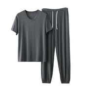 Mens Modal Pajamas Set Short Sleeve Bottom PJs Pants Bedroom Pijama Sleep Night Suit 2 Piece Pjs Set Ultra Soft Size 5XL Dark Gray