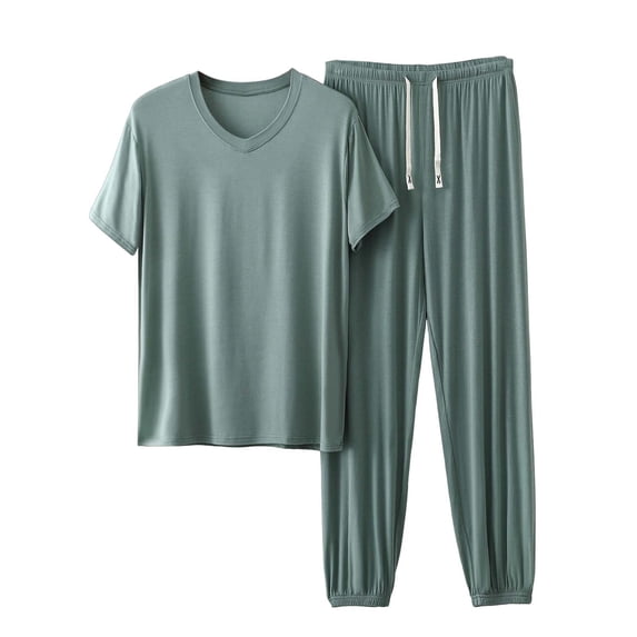 Men's Modal Pajamas Set Short Sleeve Bottom PJ's Pants Bedroom Pijama Sleep Night Suit 2 Piece Pjs Set Ultra Soft Size 5XL Green