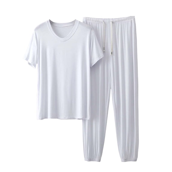 Men's Modal Pajamas Set Short Sleeve Bottom PJ's Pants Bedroom Pijama Sleep Night Suit 2 Piece Pjs Set Ultra Soft Size 5XL White
