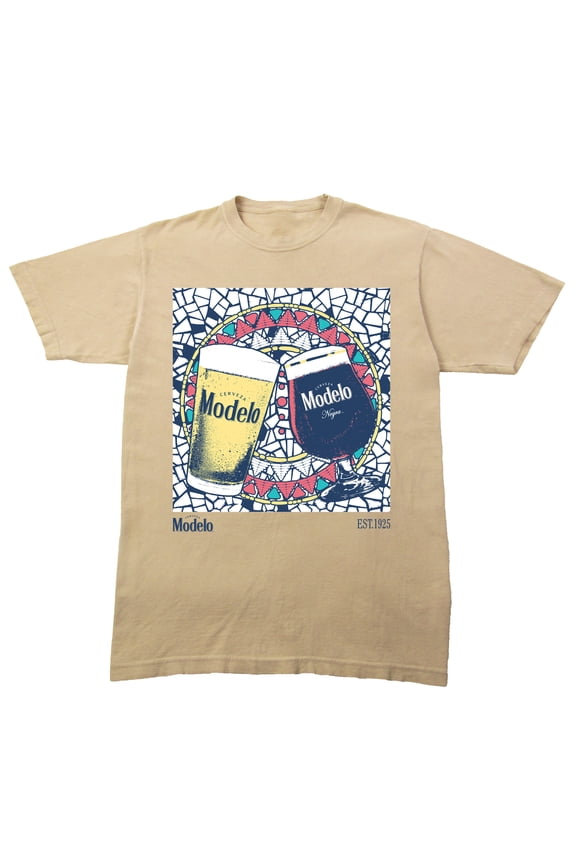 Modelo Wine, Glasses, Mosaic glass background EST 1925, Viva La Tradicion on Sand Vintage Short Sleeve Adult T-Shirt-3XL