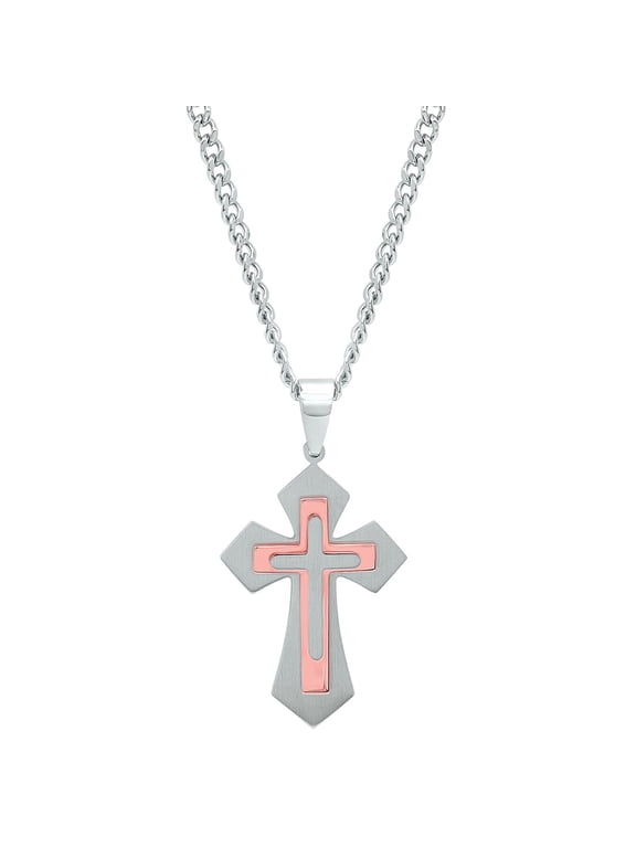 Men's Modern Armor Cross Pendant Necklace in Two-Tone Stainless Steel – Brushed Steel with Rose Inlay on 24" Curb Chain