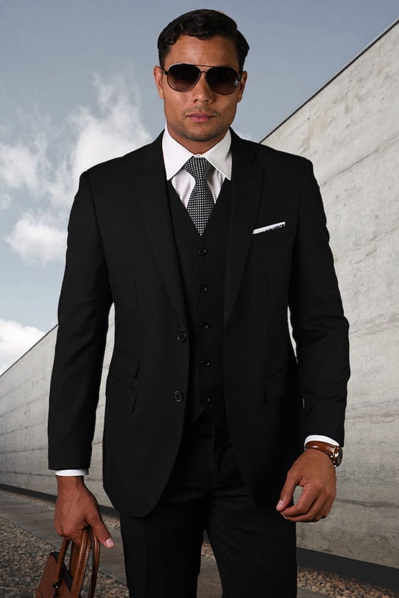Men's Statement Suits Modern Fit Wool Vested Suit Black 40 Short