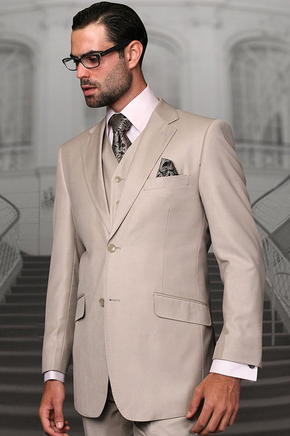 Men's Modern Fit Designer Vested Wool Suit Tan 40 Extra Long