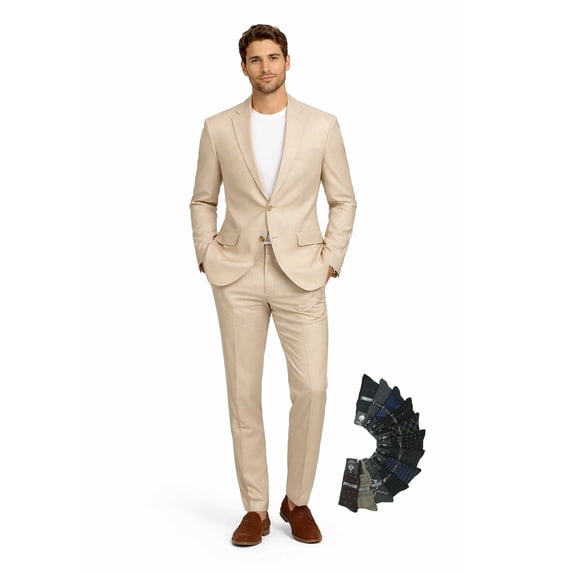 Men's Modern Fit Linen Cotton Suit, 2-Piece Summer Set with Bonus Dress Socks – Tan 38S
