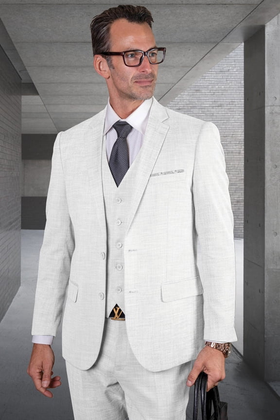 Men's Modern Fit Vested Wool Suit White 40 Short
