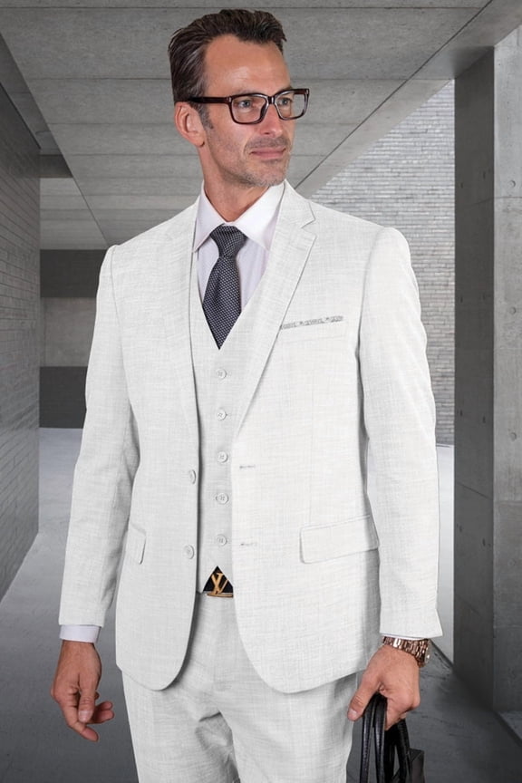 Men's  Modern Fit Vested Wool Suit White 48 Long