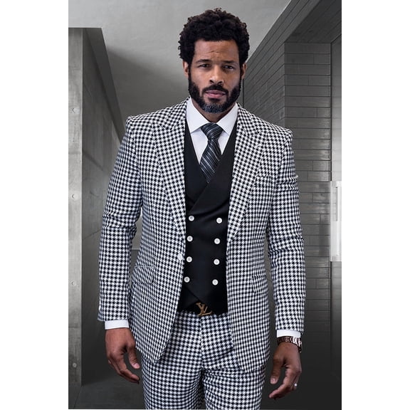 Men's  Modern Fit Wool Suit Black Micro Plaid 50 Long