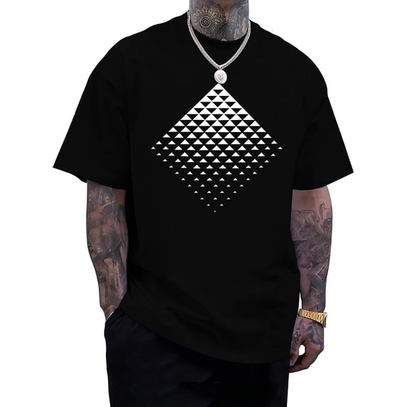 Men's Modern Geometric Triangle Pattern T-Shirt - White & Black Contrast Casual Crewneck Tee - Breathable Everyday Summer Shirt For Office Outings - Machine Washable Adult Men's Top