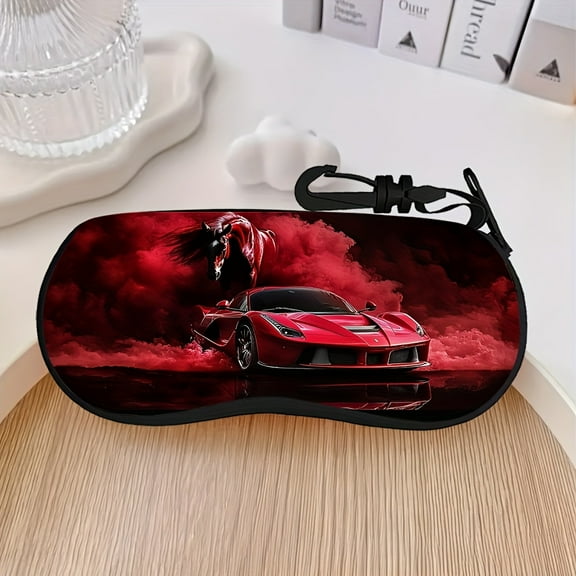 Men's Modern Racing Flame Carriage Design Eyewear Case Light Portable Glasses Pouch with Vibrant Digital Print, Machine Washable Travel Accessory for Eyeglasses & Reading Glasses, Case for Glasses